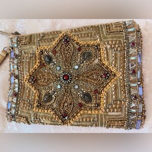 Vintage Hand-Beaded Gold Evening Clutch with Gem Accents